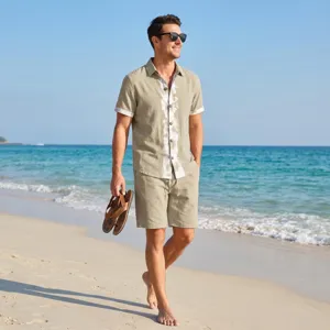 Outdoor beach lifestyle scene showcasing the details and relaxed casual fit of the linen set.
