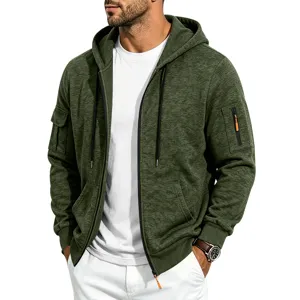 Men's fleece lined zip up hoodie tactical cargo military hooded sweatshirt army green