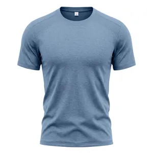 Close-up of the breathable mesh panel and crew neck details on the blue men's athletic t-shirt.