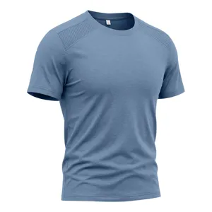 Men casual athletic short sleeve t-shirt shoulder mesh detail breathable fabric blue color.