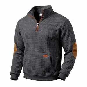 Men casual retro waffle half zip stand collar sweatshirt with stylish elbow patch grey top