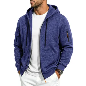 Men's blue heathered zip-up hooded sweatshirt with cargo pockets, casual loose outdoor style.
