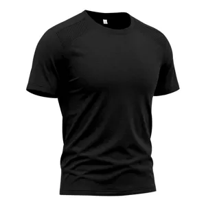 Men's athletic short sleeve fitness t-shirt detail, black breathable mesh splice design.