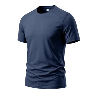 Close-up detail of men's navy blue short sleeve t-shirt with breathable mesh shoulder.