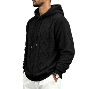 Men's thick fleece hooded sweatshirt with textured cable jacquard for winter warmth.