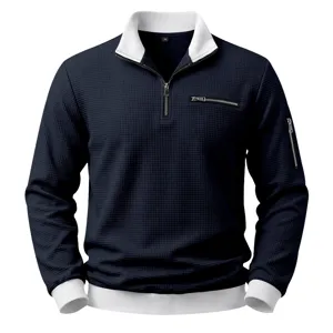 Men's waffle knit long sleeve half zip polo shirt casual sweatshirt white collar