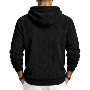 Black fleece hooded sweatshirt back view highlighting warm fluffy fabric and textured design.
