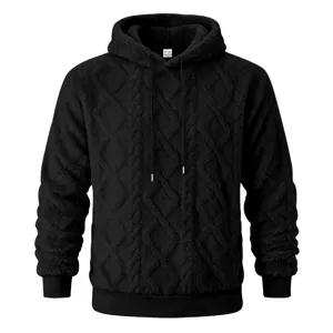 Men thick fleece winter hoodie with embossed cable knit texture and drawstring hood.