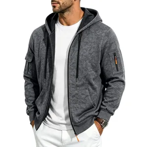 Men's Dark Gray Full-Zip Hooded Sweatshirt with Functional Cargo Pockets Fleece