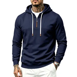 Herren Herbst Dunkelblauer Halb-Reißverschluss Kapuzenpullover Lässiger Basic Stil
