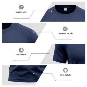 Close up details of dark blue athletic t-shirt, showing neck, shoulder, cuff and hem.