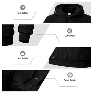 Close-up detail view of men's black winter fleece jacquard hoodie, showing fabric, cuffs, hem.
