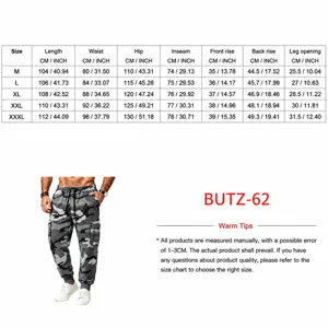 Guide des tailles de pantalon de survêtement cargo camouflage pour hommes.