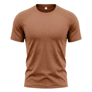 Men's summer short sleeve quick dry t shirt, raglan mesh crew neck athletic fitness top brown.