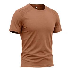 Mens brown athletic fitness short sleeve t shirt with mesh shoulder panel basic top.