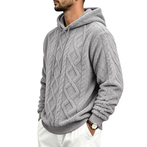 Men's grey fleece thermal cable knit hoodie winter thick hooded sweatshirt casual pullover