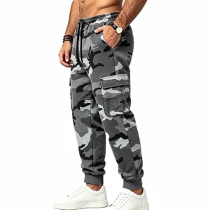 Mens grey camouflage cargo sweatpants casual loose fit joggers with multiple utility pockets