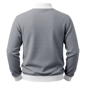 Men's grey waffle jacket back view, casual zip-up outerwear detail showing texture.