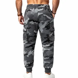 Men's grey camo cargo sweatpants detail back view, fleece lined loose casual outdoor trousers.