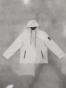 Men's casual hooded windbreaker jacket, lightweight outdoor sports coat in light grey.