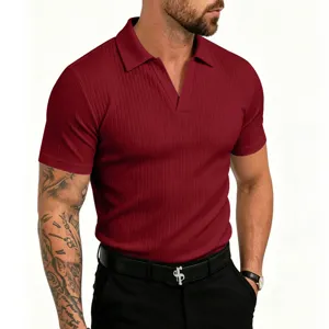 Polo Hombre Verano Slim Acanalado Cuello V Manga Corta Transpirable Elástico