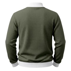 Men's waffle knit jacket back detail, green casual outerwear with white ribbed collar and cuffs.