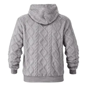 Grey fleece winter hoodie back detail, thick warm textured pullover sweatshirt for men.