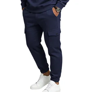 Pantalon de survêtement cargo doublé polaire pour homme, bleu marine, décontracté.