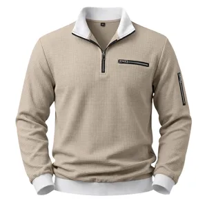 Men's waffle knit quarter zip polo sweatshirt detail view, casual long sleeve pullover.