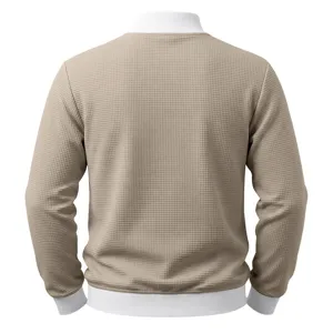 Men's casual waffle knit full-zip sweater jacket with contrast white collar and cuffs for spring autumn.