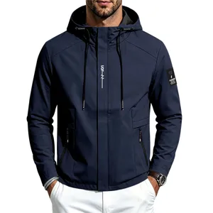Men's outdoor sports hooded windbreaker jacket with full zipper and casual loose fit design