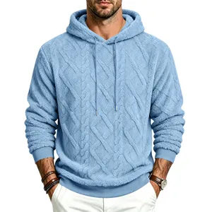 Men's thick fleece hooded sweatshirt winter warm casual jacquard pullover hoodie with drawstring