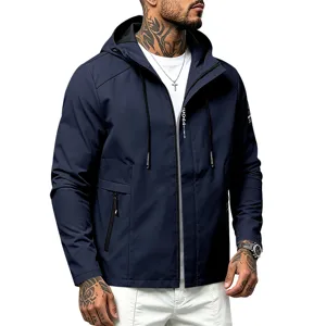 Men's casual hooded windbreaker jacket, waterproof outdoor sportswear in dark blue.