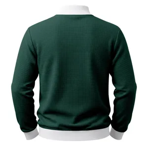 Detailed back view of men's dark green waffle knit jacket with white collar and cuffs.