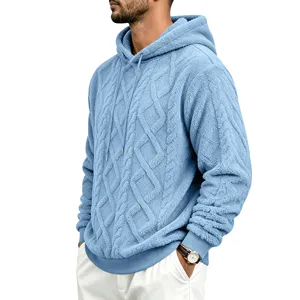 Men's thick warm fleece hooded sweatshirt, light blue cable knit winter casual pullover.