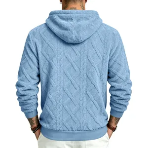 Back view detail of men's thick fleece hooded sweatshirt with cozy cable knit jacquard texture.