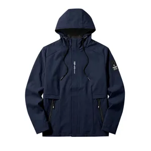 Men's casual hooded windbreaker jacket, waterproof outdoor sports coat in dark blue.