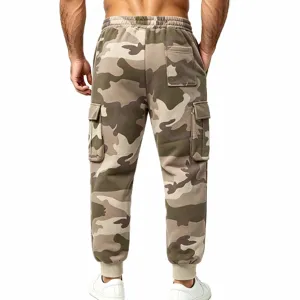 Details view of men fleece lined camo cargo sweatpants loose fit hip hop casual trousers.