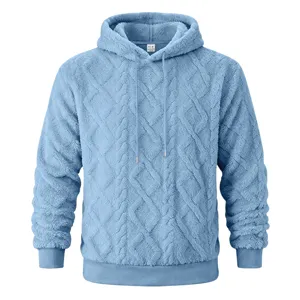 Light blue fleece hoodie for men, thick warm winter pullover sweatshirt with cable knit texture.