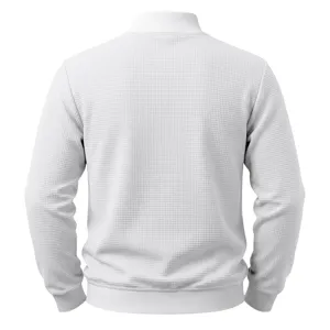 Men's white waffle knit zip jacket back detail, casual sports outerwear for spring and autumn.
