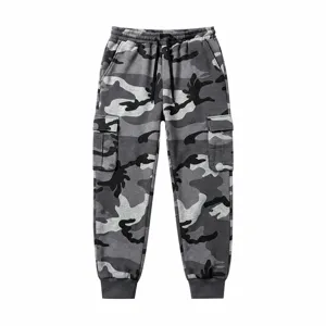 Grey camo cargo sweatpants detail showing elastic waistband, drawstring and pocket features.