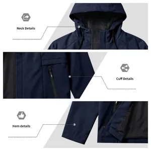 Detail view of men's casual hooded windbreaker jacket with zipper and pocket features.