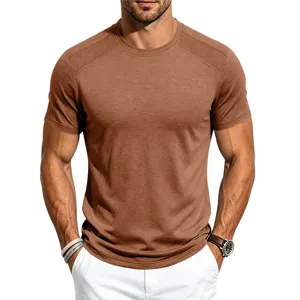 Men's brown short sleeve t-shirt with mesh raglan shoulders, breathable summer fitness top.