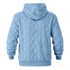 Blue fleece hooded sweatshirt detail, thick warm winter hoodie back view, plush texture.