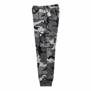Grey camo fleece cargo sweatpants detail, casual loose hip-hop style outdoor men trousers.