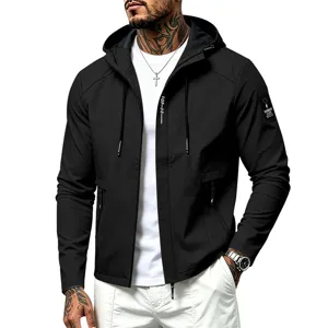 Detail shot of black men's hooded windbreaker jacket, featuring casual sports style.