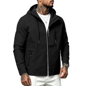 Men's casual hooded windbreaker jacket, black outdoor sportswear with zipper and pockets.