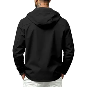 Back view detail of the black hooded windbreaker jacket, featuring sturdy outdoor fabric.
