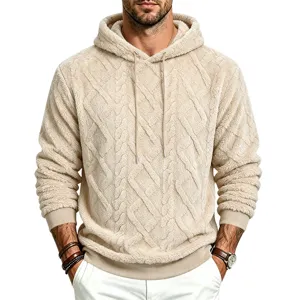 Detail shot of men thick thermal fleece hooded sweatshirt with cable knit texture in beige color.