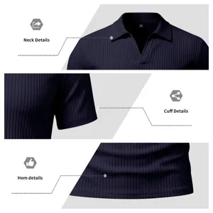 Detalle del polo de verano para hombre de manga corta acanalado mostrando cuello y puño.
